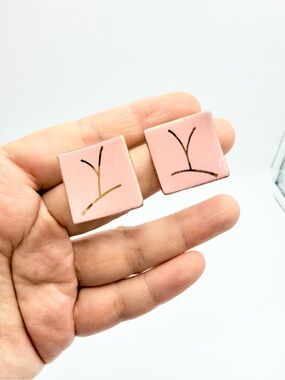 Vintage Pink Enamel Square Clip-On Earrings Abstract Gold Design